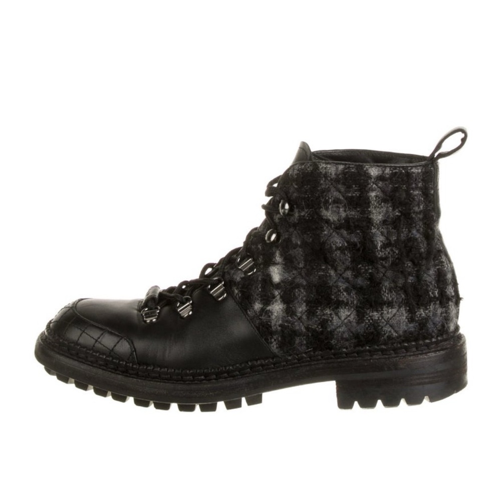SOLD! CHANEL Black and Gray Checkered Combat Boots